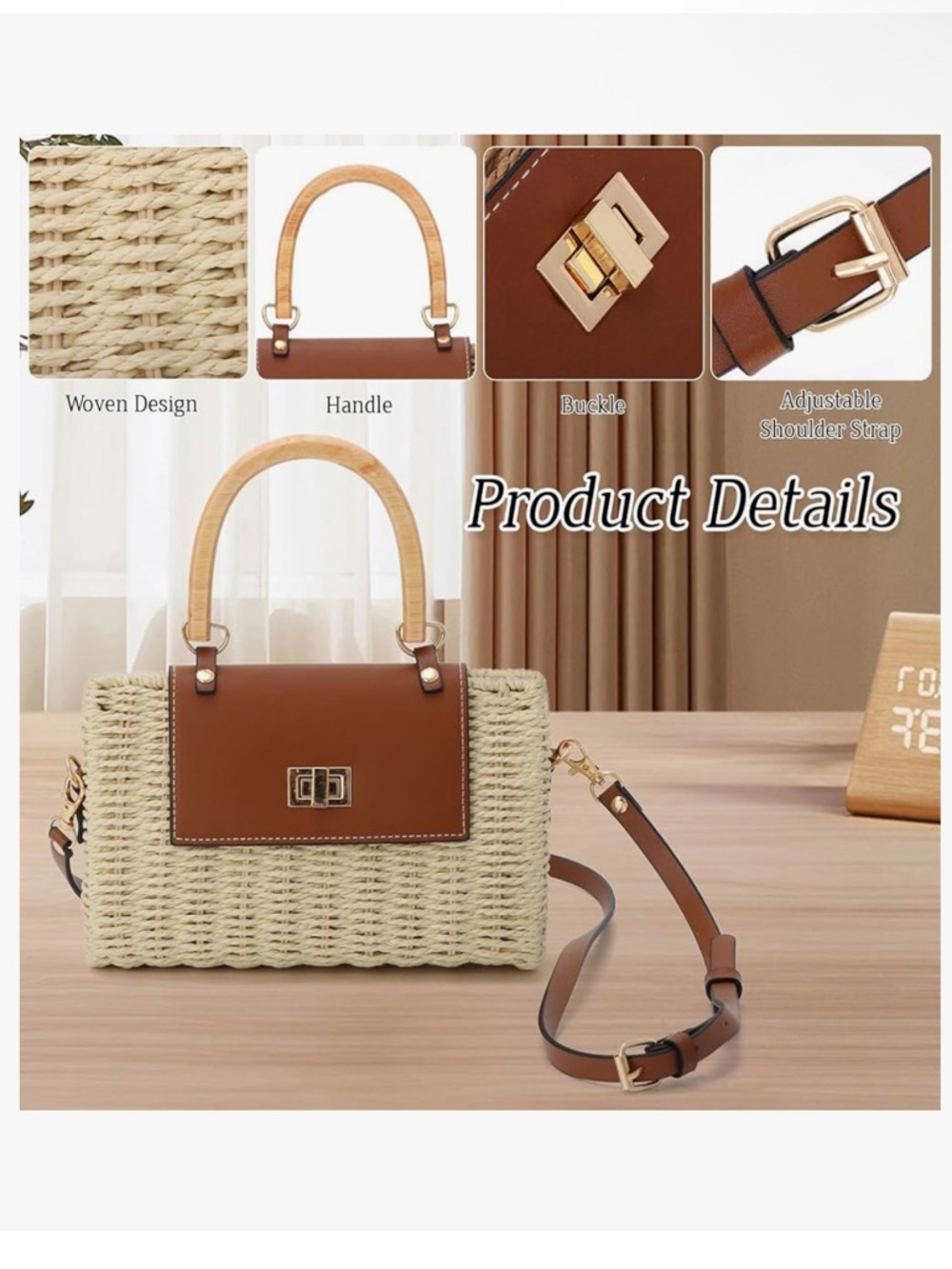 Woven Straw Crossbody with Brown Leather Flap and Top Handle - Picture 4 of 7